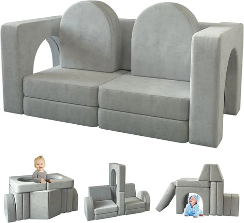 Modular Kids Play Couch for Playroom Bedroom, 10 in 1 Multifunctional Kids Sofa for Playing, Creativing, Sleeping,Indoor Toddler