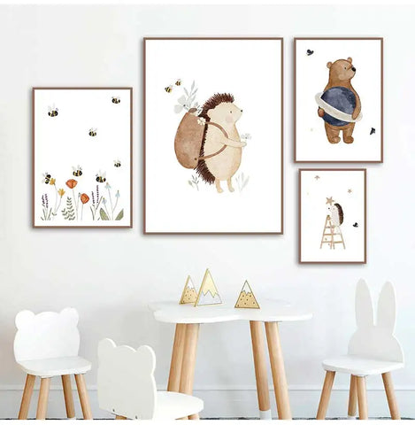 Boho Cartoon Canvas Painting, Fox, Rabbit, Bee, Bear, Hedgehog, Flower Posters, Art Prints, Wall Photos, Baby, Kids Room