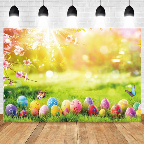 Happy Easter Backdrop for Photography Spring Easter Rabbits Colorful Eggs Forest Flower Fence Background Photo Studio Props