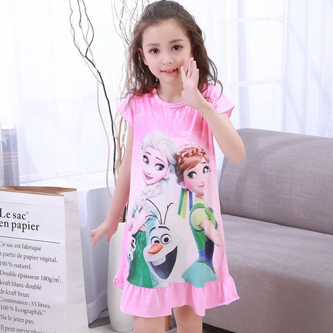 MINISO Girls Night Dress Summer Disney Cartoon Snow White Frozen Princess Elsa Mermaid Print Toddler Girl Nightgown for Teens
