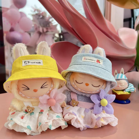 For 17cm Labubu Doll Outfit Wrinkled Skirt Flower Hairpin Set Fisherman Hat Labubu Clothes Ropa Labubu