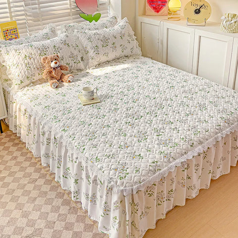 Bonenjoy Bed Skirt Cartoon Style Bed Cover Ruffled Bedsheet falda de cama Quilted Mattress Covers Lace Bedspread (No Pillowcase)