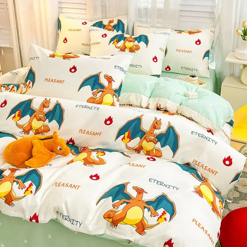 Pokemon Series Eevee Dragon 100% Cotton 4-piece set, Children's Cartoon 3-piece set of Sheet Pillowcase Quilt Cover
