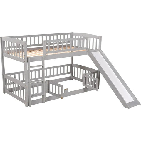 Low Bunk Bed with Slide Twin Over Twin Bunk Beds for Kids Toddlers, Wood Floor Beds Frame with Rails for Boys Girls Teens, Gray