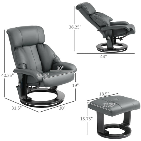 Recliner Chair with Ottoman, Swivel Wood Base, Remote and Side Pocket, Grey