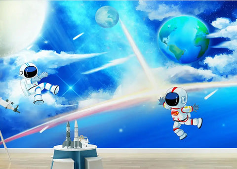 Custom 3D Wallpaper Mural Astronaut Cartoon Kids Room Background Earth Universe Pintado De Pared - Personalized Wall Art