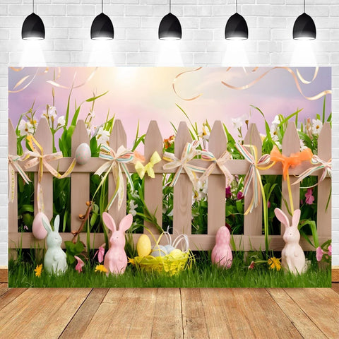 Happy Easter Backdrop for Photography Spring Easter Rabbits Colorful Eggs Forest Flower Fence Background Photo Studio Props