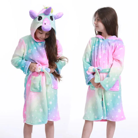 Boys Girls Hooded Bathrobe Toddler Unicorn Anime Cartoon Towel Beach Children's Sleepwear Baby Kids Bath Robes Pyjamas Nightgown