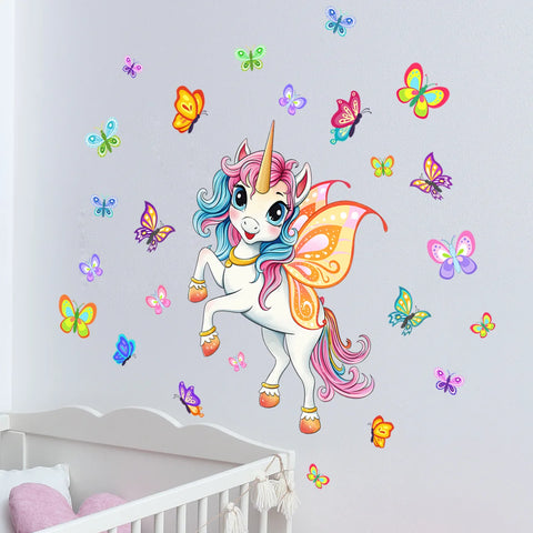 30*40cm Cartoon Hand Painted Unicorn Colorful Butterfly Luminous Sticker Girls Bedroom Living Roomwall Sticker Wallpaper Ycg4070