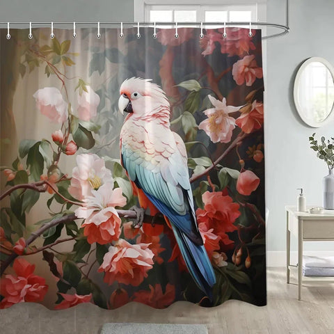 Japanese Style Flowers Bird Shower Curtain Abstract Mountain Red Floral Plant Ink Art Landscape Fabric Decor Bathroom Curtains