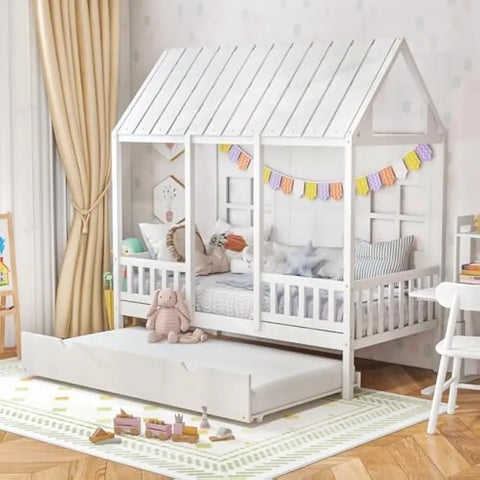 Twin House Bed with Trundle, Kids Bed Frame with 82" Tall Roof, Windows and Guardrail, Wooden Playhouse Bed for Teens Boys Girls