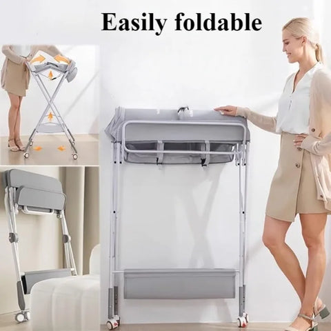 Portable Baby Changing Table for Nursery Height Adjustable Foldable Diaper Table with Swivel Wheels Drying Rack Large Storage