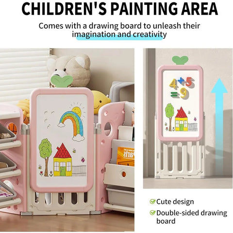 Kids Multifunctional Toy Storage Organizer with 3-Tier Bookshelf, Storage Rack & Drawing Board, Flexible L Shaped Organizer