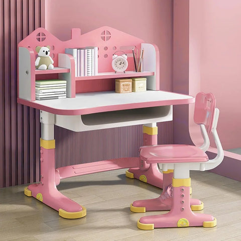Kids Adjustable Study Desk & Chair Set w/Storage,Drawers,Bookshelf,Child Toddler Writing Homework Table,Little Girl Work Desk