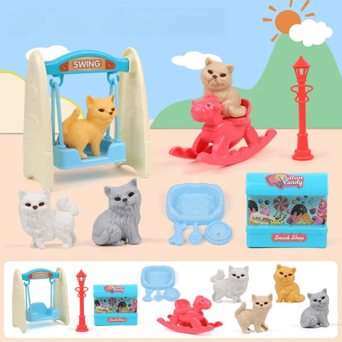 QWZ Pretend Play Toy Fashion Mini Pets Cat Dog House Kennel Bathtub For Children Play House Toy Accessories Kids Best Gift