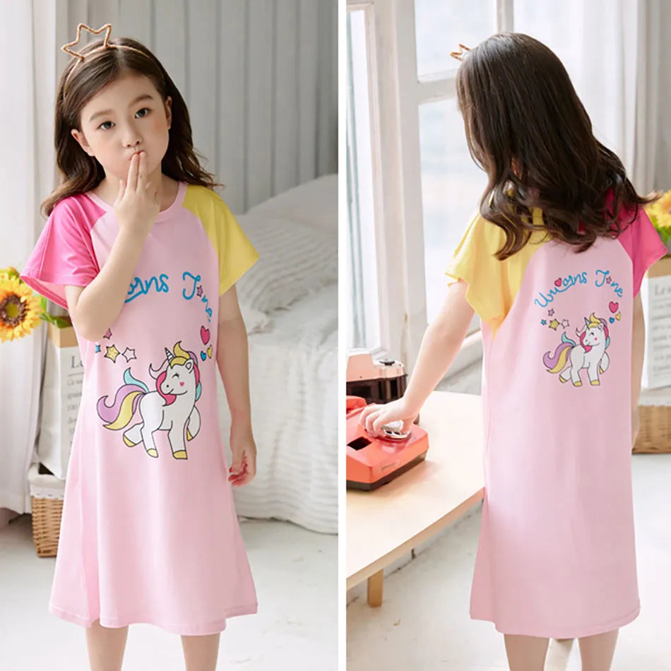 Cute Kids Pajamas Sleep Dresses for Children Girls Short Sleeve Cartoon Nightgowns Stylish and Friendly Sleepwear for Summer