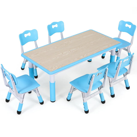 Rectangle Kids Table with 6 Chairs Set, Height Adjustable Toddler Multi Activity Table Set, Arts&Crafts Desk for Girls, 2-10 old