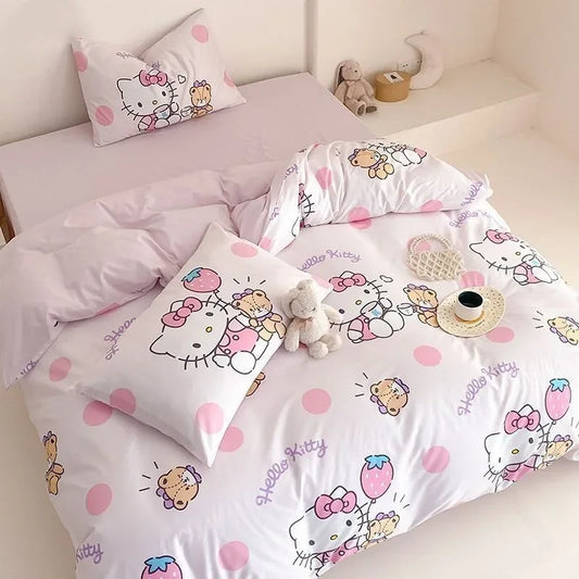 Cinnamoroll Kids Duvet Cover Cartoon Kuromi Bed Three-Piece Set Cute Hello Kitty Quilt Cover Pillowcase for Bedroom Decoration