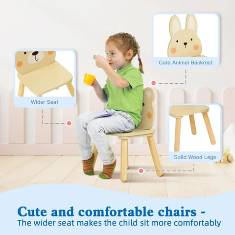 Wooden Kids Table and Chair Set, Waterproof Desktop Adorable Toddler Table Chairs Set with 2 Animal Chairs