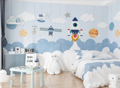 Custom 3D Wallpaper Mural Astronaut Cartoon Kids Room Background Earth Universe Pintado De Pared - Personalized Wall Art