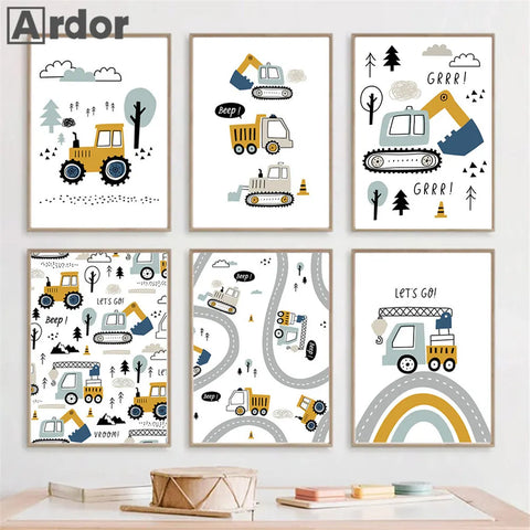 Cartoon Crane Excavator Tractor Truck Wall Art Canvas Painting Nursery Print Child Poster Nordic Wall Pictures Boys Room Decor