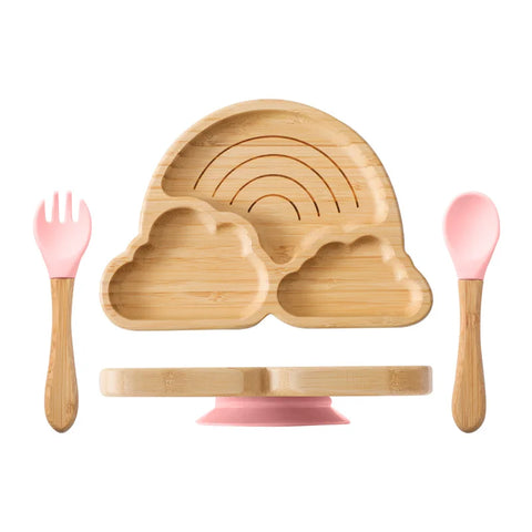 Baby Wooden Tableware Set Could Bamboo Wooden Plate Bowl Silicone Suction Wooden Handle Fork Spoon for Children Feeding Supplies