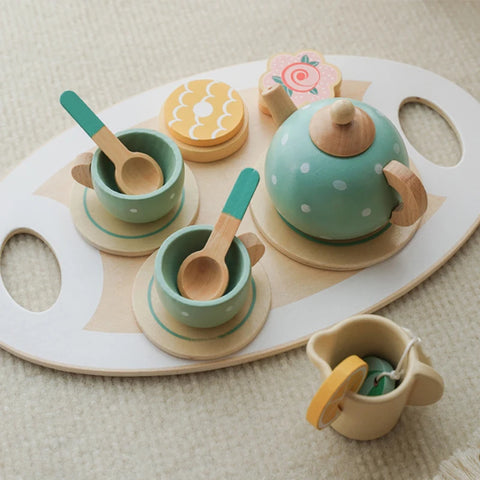 Wooden Afternoon Tea Set Toy Kitchen Accessories Tea Party Food Play Early Educational Toys for Toddlers Girls Boys Kids Gifts