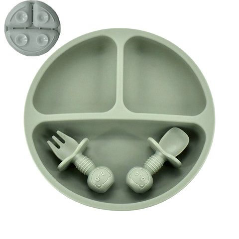 4Pcs/Set Baby Safe Silicone Dining Plate Solid Cute Cartoon Children Dishes Smile Face Baby Tableware Set Retro Kids Plate