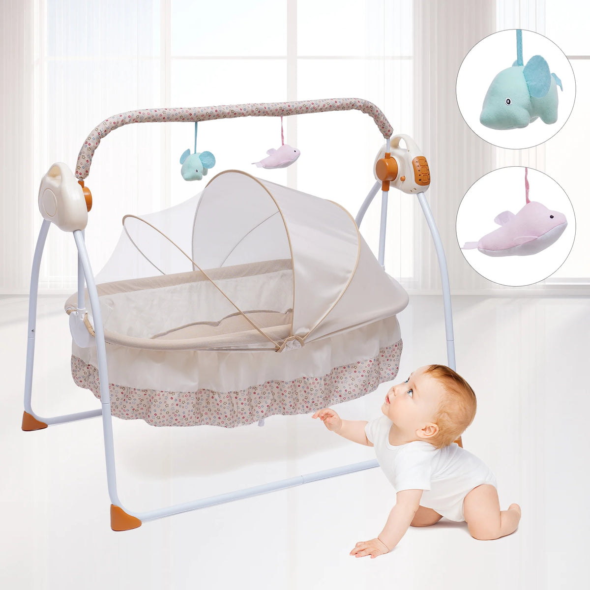 Electric Baby Crib Cradle Auto-Swing Newborn  Sleep Bed Infant with Bluetooth khaki