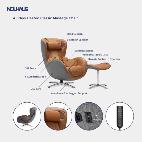 Heated Classic Massage Chair Full Body and Spot Massaging Recliner with Ottoman, Bluetooth Speaker, in-Chair Charger. Portable