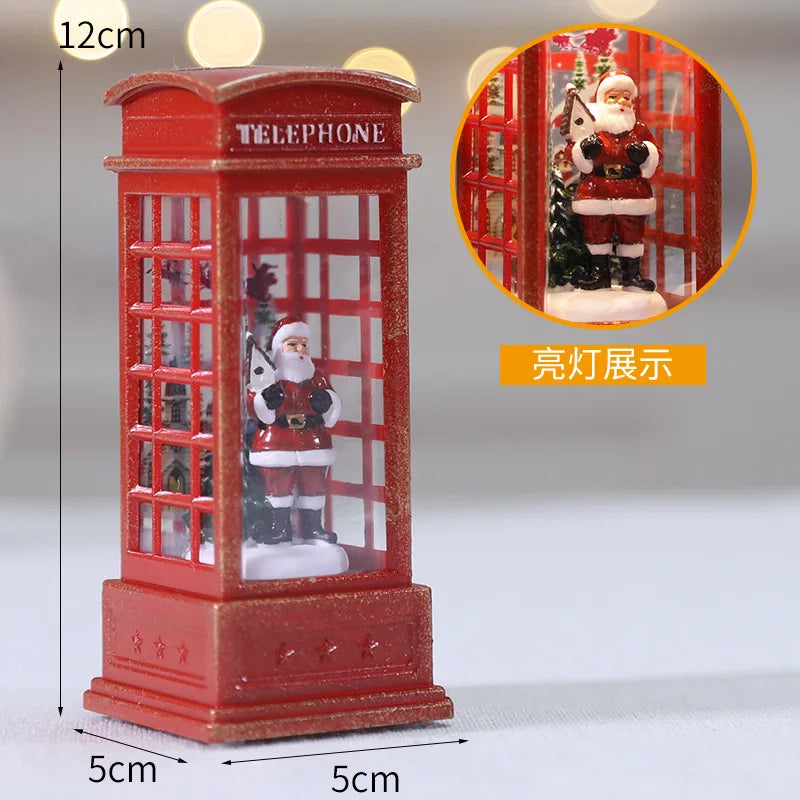 Christmas Themed Snow Globe LED Light-Up, Maroon Phone Booth with Santa, Decorative Christmas Themed Light, 1Pc