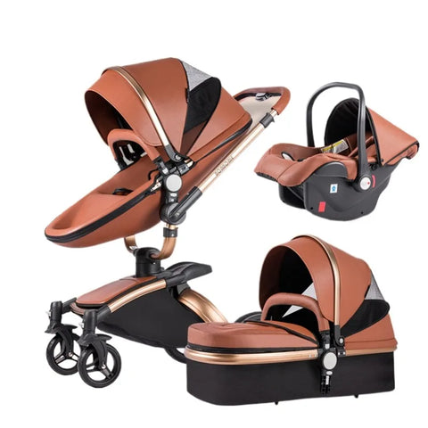 3-in-1 Luxury High-view Baby Stroller with Car Seat Foldable Newborn Baby Stroller PU Leather Two-way Baby Stroller