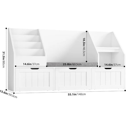 55.1’’ Kids Bookshelf with Reading Nook, Toy Storage Organizer with Seat Cushion and 3 Movable Drawers, Kids Reading Nook