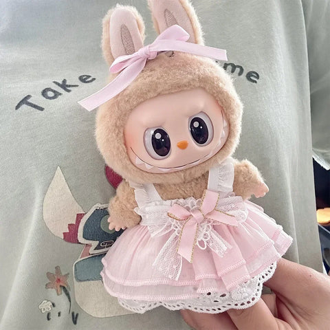 17cm Mini Plush Doll'S Clothes Outfit Accessories For Korea Kpop Labubu Idol Pink bright silk bow princess gauze skirt Clothing