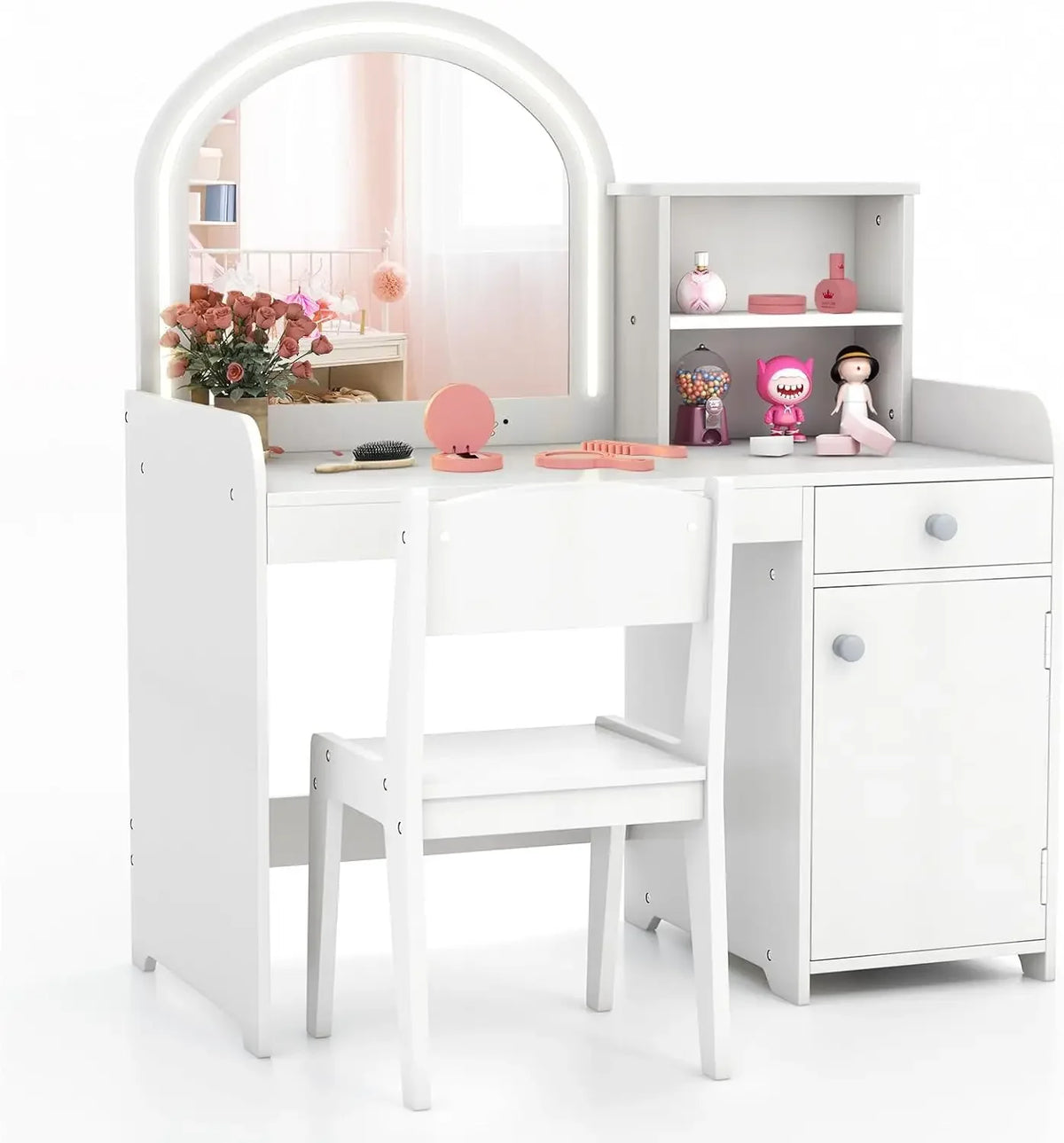 Kids Vanity, Vanity Set with Lighted Mirror and Chair, Makeup Table with Storage Selves, Drawer and Cabinet, Toddler Vanity