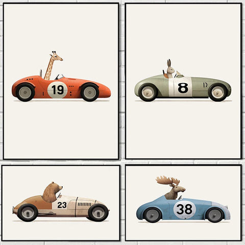 Funny Cartoon Animals Car Art Nursery Wall Poster Print Giraffe Bear Rabbit Children Kid Room Canvas Painting Home Decor Picture