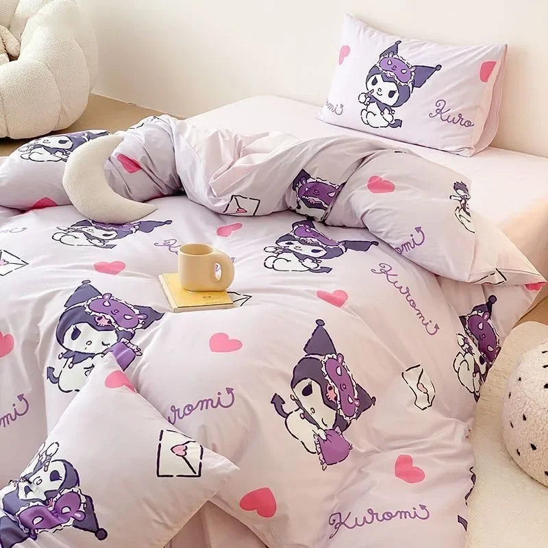 Cinnamoroll Kids Duvet Cover Cartoon Kuromi Bed Three-Piece Set Cute Hello Kitty Quilt Cover Pillowcase for Bedroom Decoration