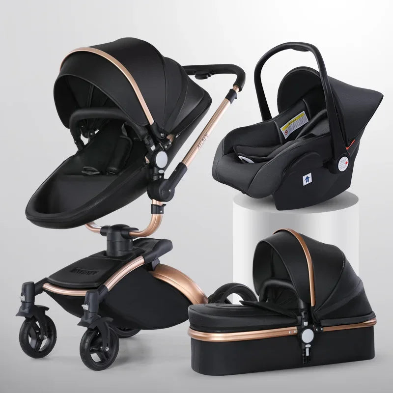 3-in-1 Luxury High-view Baby Stroller with Car Seat Foldable Newborn Baby Stroller PU Leather Two-way Baby Stroller