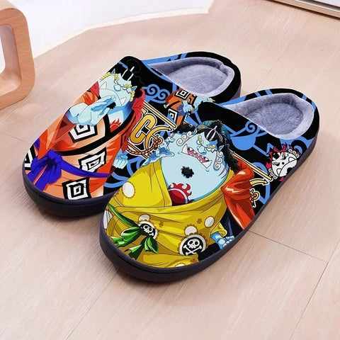 ONE PIECE Cartoon Warm Plush Cosplay Slippers Couple's Indoor Non-slip House Slides Men And Women Toe Wrap Home Cotton Shoes