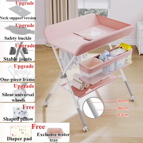 Portable Baby Changing Table for Nursery Height Adjustable Foldable Diaper Table with Swivel Wheels Drying Rack Large Storage