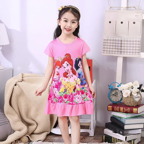 MINISO Girls Night Dress Summer Disney Cartoon Snow White Frozen Princess Elsa Mermaid Print Toddler Girl Nightgown for Teens