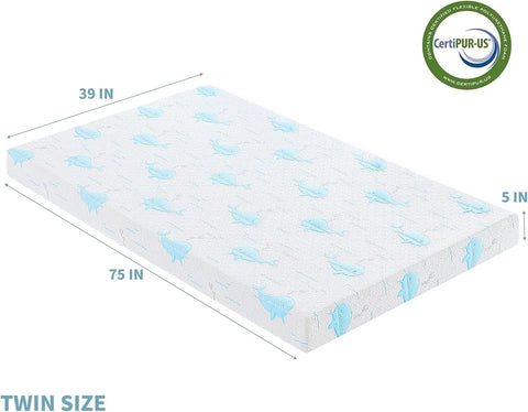 5 Inch Twin Mattress for Kids, Removable Washable Cover with Whales Pattern Cooling Memory Foam Medium Feel, Bed-in-a-Box, Certi