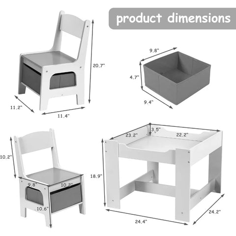 Kids Table & 2 Chairs Set, 3 in 1 Wooden Toddler Activity Table w/Blackboard, Storage, Removable Tabletop