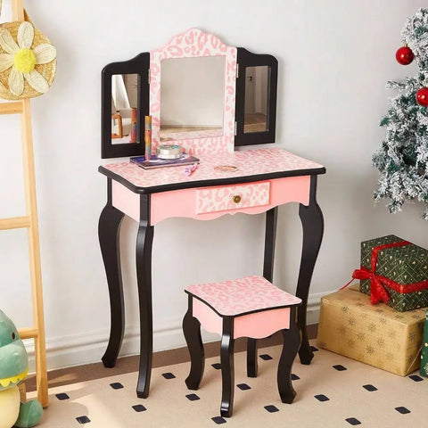 Kids Vanity Set Table and Stool with Drawer Dressing Mirror Pink Girls Gifts