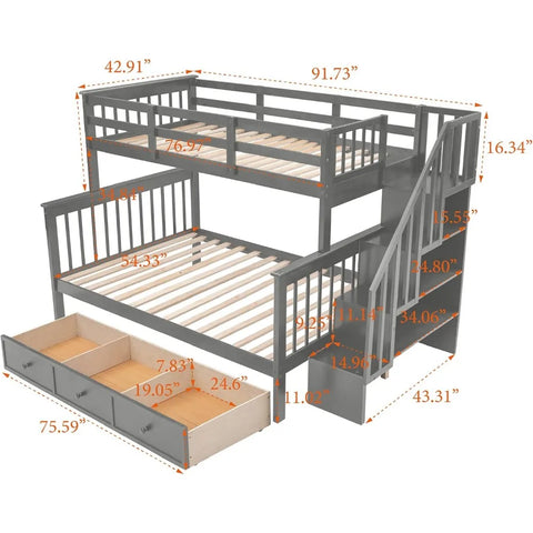 Twin Over Full Bunk Bed with Stairs and Storage Drawers, Hardwood Stairway Bunk Bed Frame for Kids Teens Adults, Bedroom, Dorm