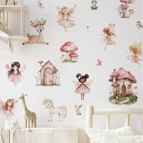 Cartoon Cute Fairy Mushroom House Plant Wall Sticker Flower Elves Wall Decals for Kids Room Baby Girl Nursery Room Bedroom Decor