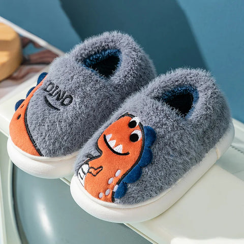 Kids' Cartoon Dinosaur Embroidery Plush Slippers Soft Sole Non-slip Winter Warm Boys Girls Indoor Home Heel Wrap Cotton Shoes