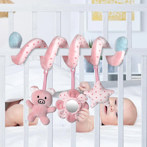 Car Seat Infant Baby Spiral Activity Hanging Toys Stroller Bar Crib Bassinet Mobile with Mirror BB Squeaker and Rattles