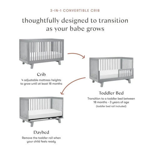 Hudson 3-in-1 Convertible Crib with Toddler Bed Conversion Kit in Grey, Greenguard Gold Certified