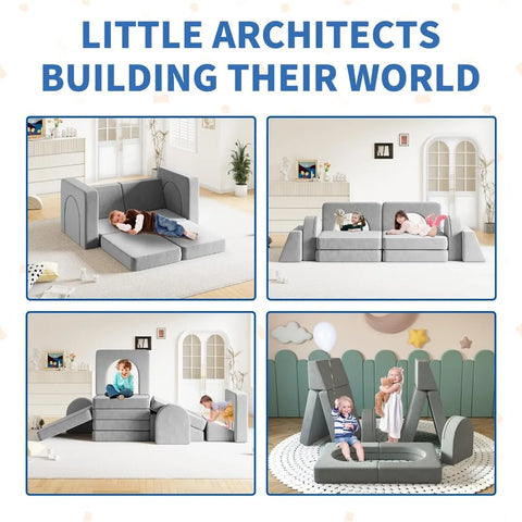 Modular Kids Play Couch for Playroom Bedroom, 10 in 1 Multifunctional Kids Sofa for Playing, Creativing, Sleeping,Indoor Toddler